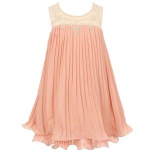 Girls Peach Pleated Party Dress with Ivory Beaded Yoke
